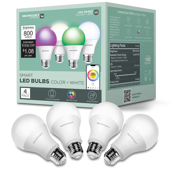 4-Pack Merkury 9W E26 Base Smart LED Bulbs