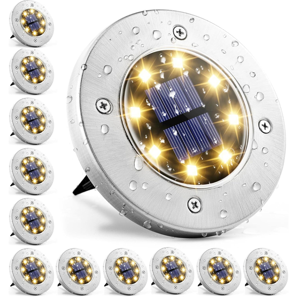 12-Pack Solar Ground Lights W/ Wood, Metal & Concrete Fences