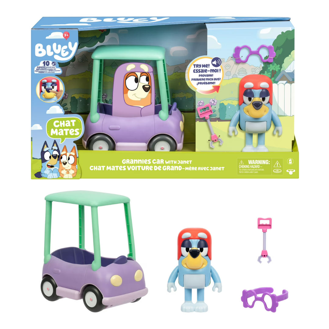 Bluey Kids Grannies Car Coupe Chat Mates Playset Talking Janet Toy