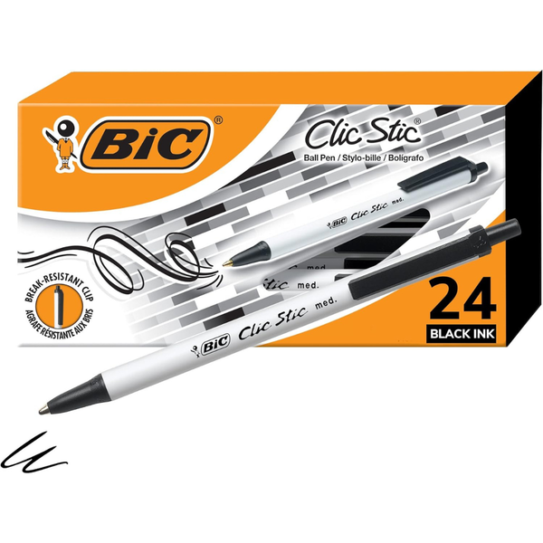 24-Count BIC Clic Stic Retractable Black Ink Medium Point Ballpoint Pens