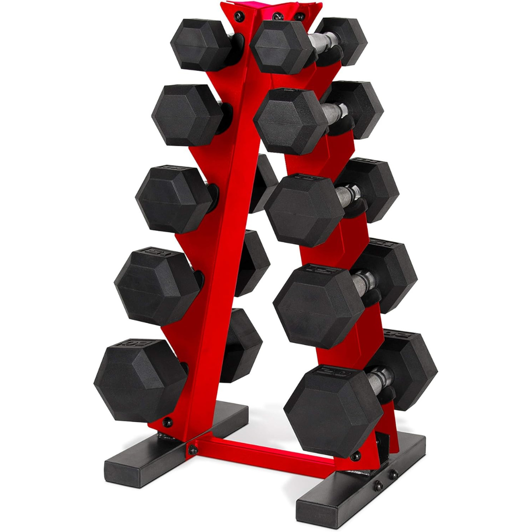CAP Barbell 150 LB Coated Hex Dumbbell Weight Set With Vertical Rack