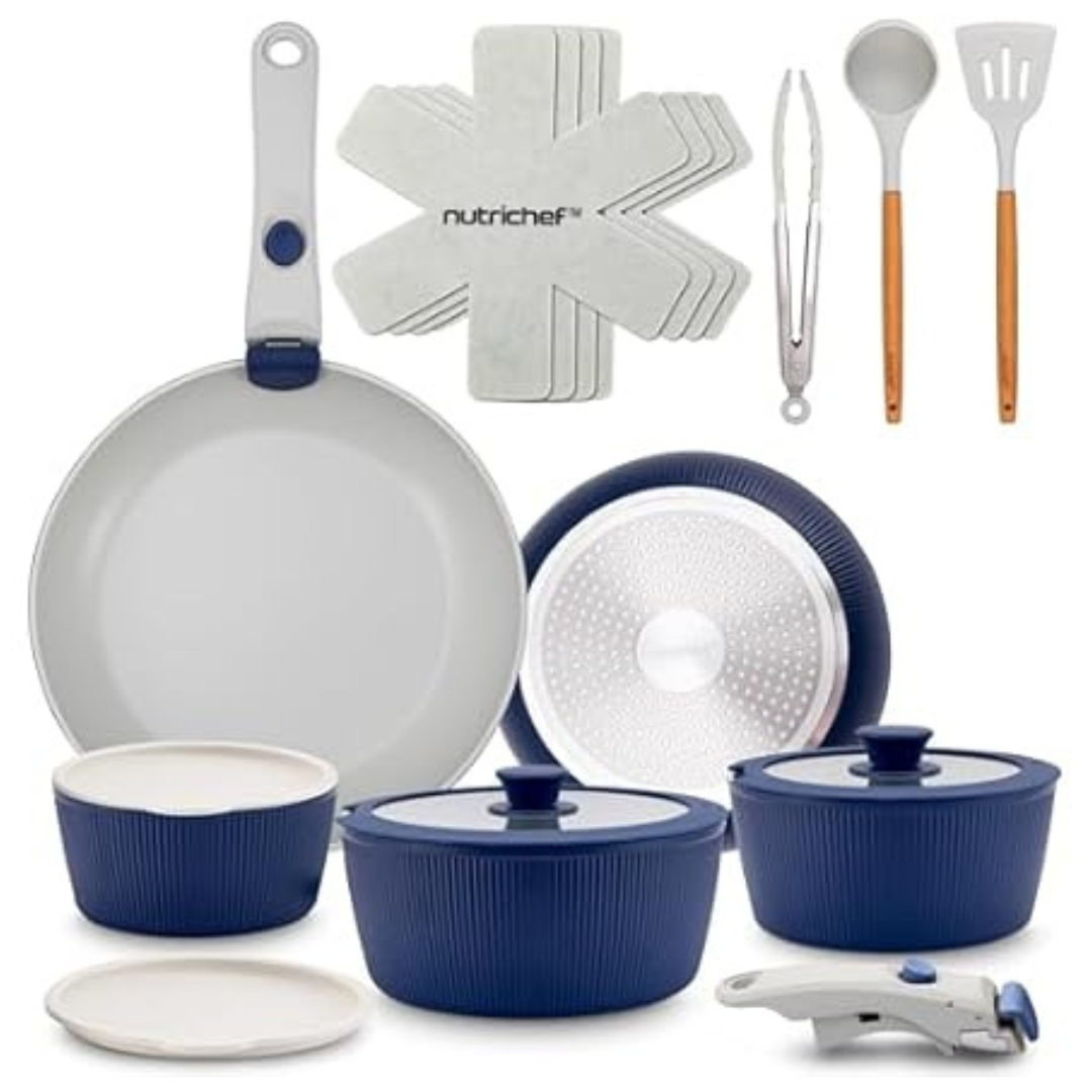 18-Piece NutriChef Ceramic Cookware Set with Detachable Handles