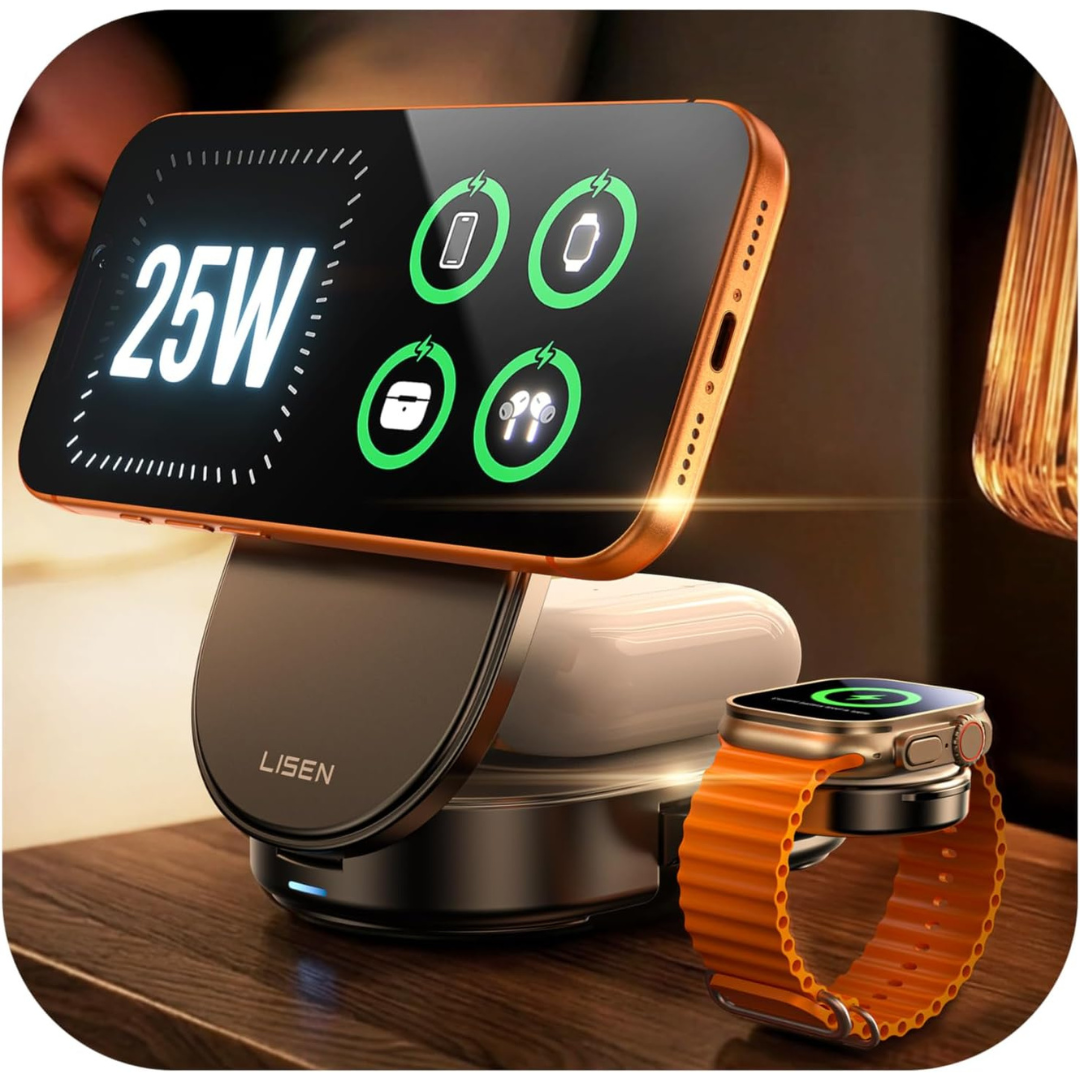 LISEN Qi2.2 25W 3-in-1 USB-C Magnetic Wireless Charging Station