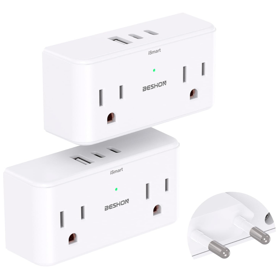 2-Pack Plug Adapter w/ 4-Outlets & 2x USB-A / 1x USB-C Ports