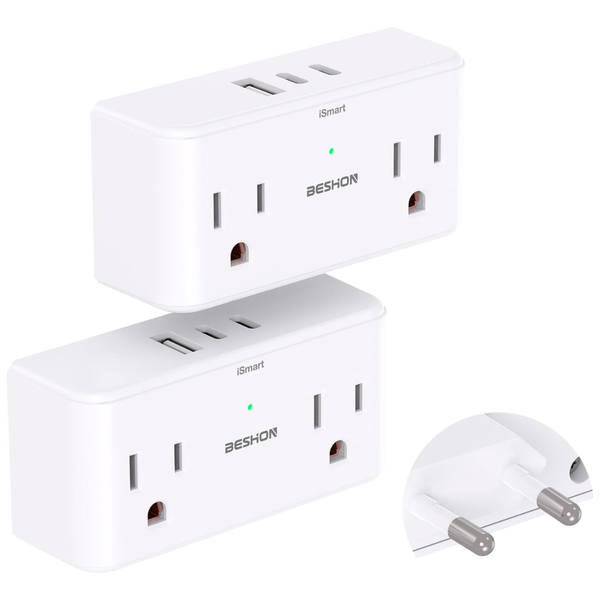 2-Pack Plug Adapter w/ 4-Outlets & 2x USB-A / 1x USB-C Ports