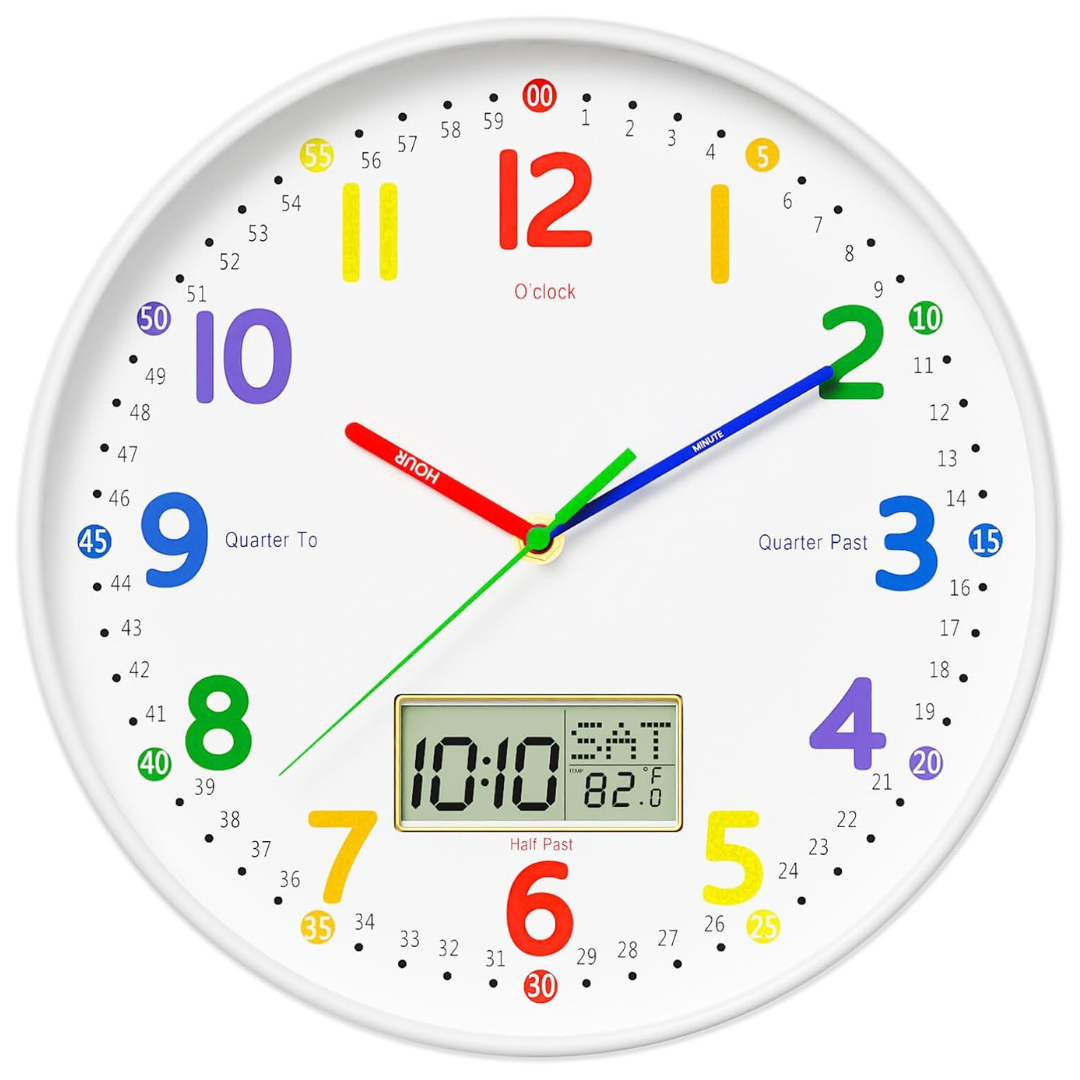 12" Silent Teaching Wall Clock With LCD Display (White)