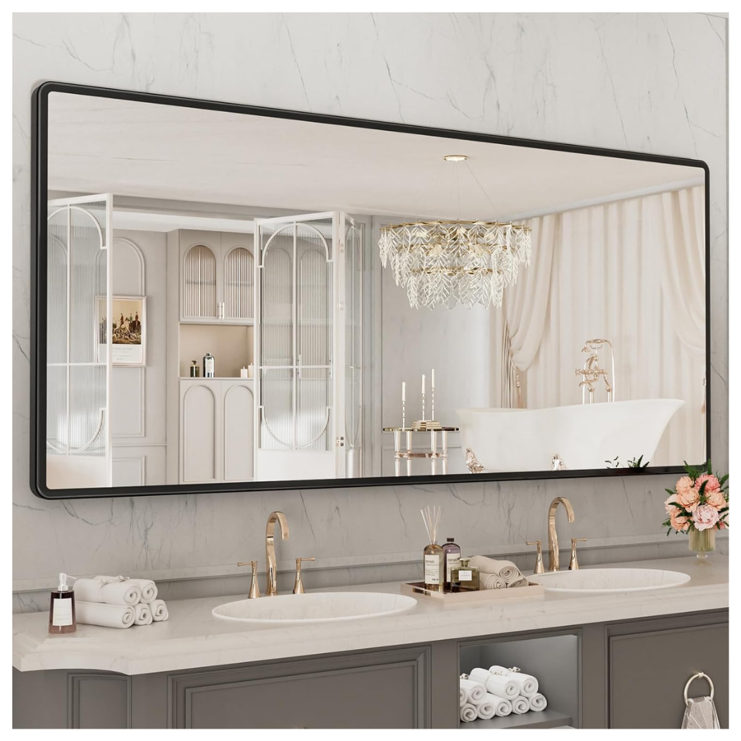 pertetey New Upgrade 77X36" Black Metal Frame Bathroom Mirror