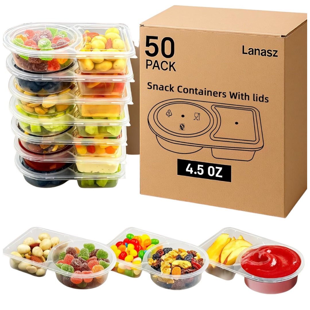 50-Pack 4.5oz Reusable Double Compartment Plastic Snack Containers W/ Lids