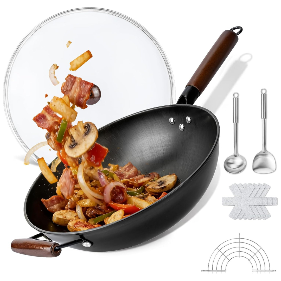 13" Carbon Steel Nonstick Stir-Fry Wok With Lid