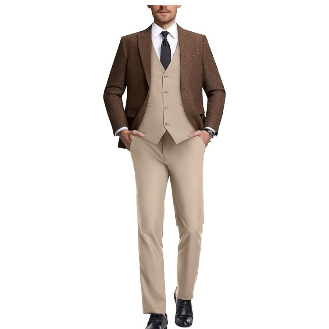Men's Tuxedos Slim Fit Formal Retro 3 Pieces Blazer Vest Pants