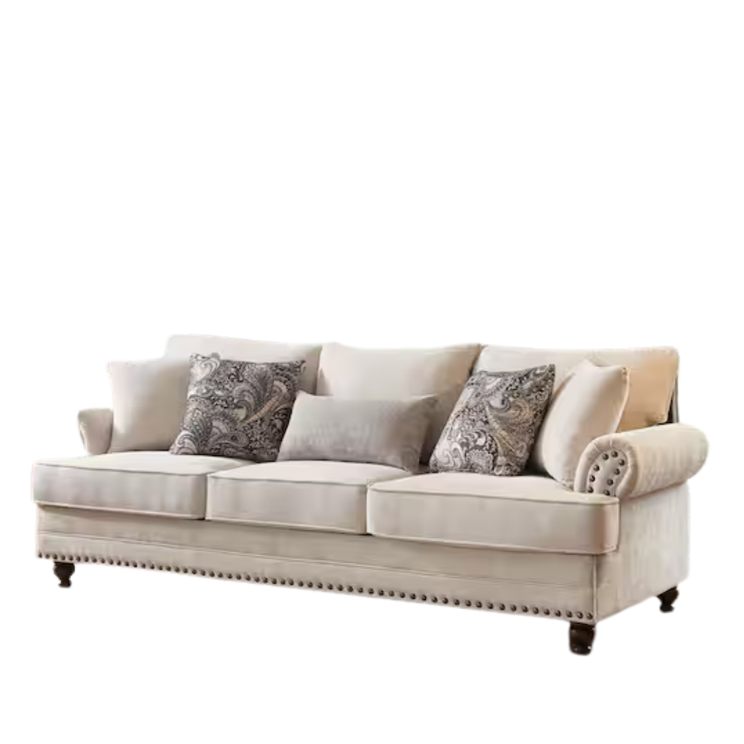 87.5" Chesterfield Couch Rolled Arm Chenille Beige Rectangle Sofa