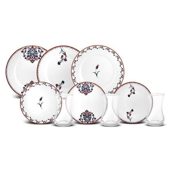 18-Piece Karaca Nakkas Turkish Teacups & Appetizer Plate Set For 6 People