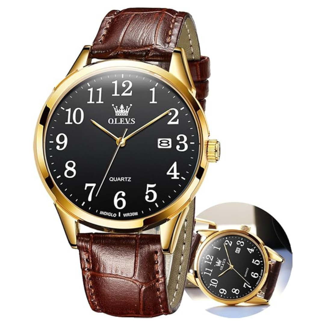 OLEVS Men's Vintage Leather Band Dress Quartz Watch With Date
