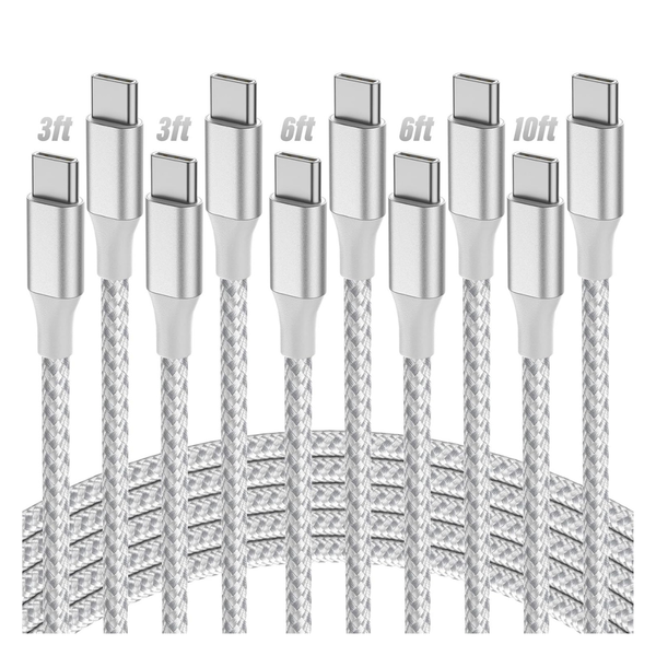 5-Pack USB-C To USB-C Nylon Braided Charging Cables [3/3/6/6/10FT]