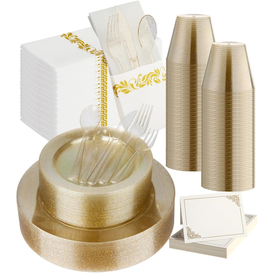 250-Piece Glitter Disposable Dinnerware Set For 25 Guests