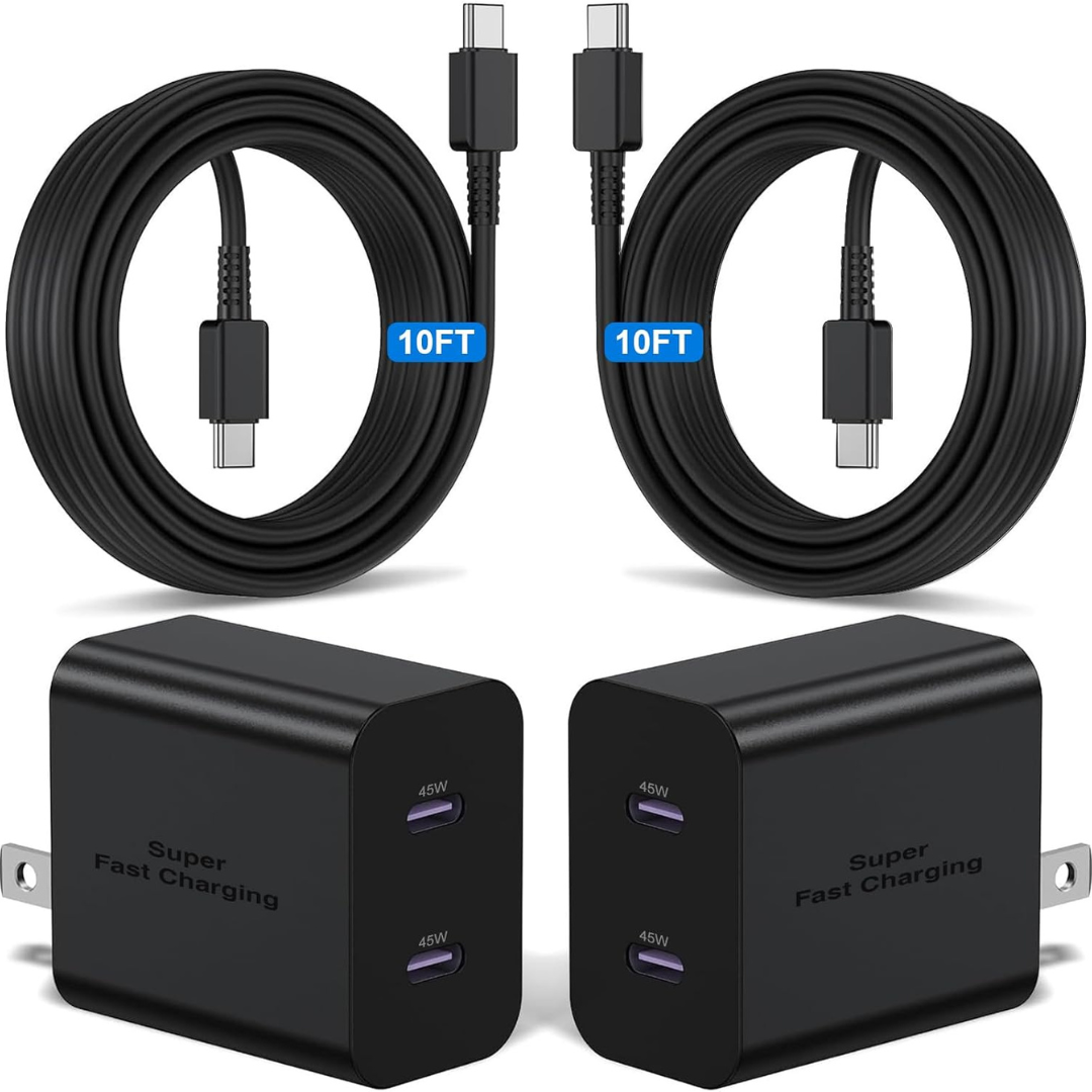 2-Pack 45W Dual Port USB-C Super Fast Charger Adapter W/ 10-Ft Cable