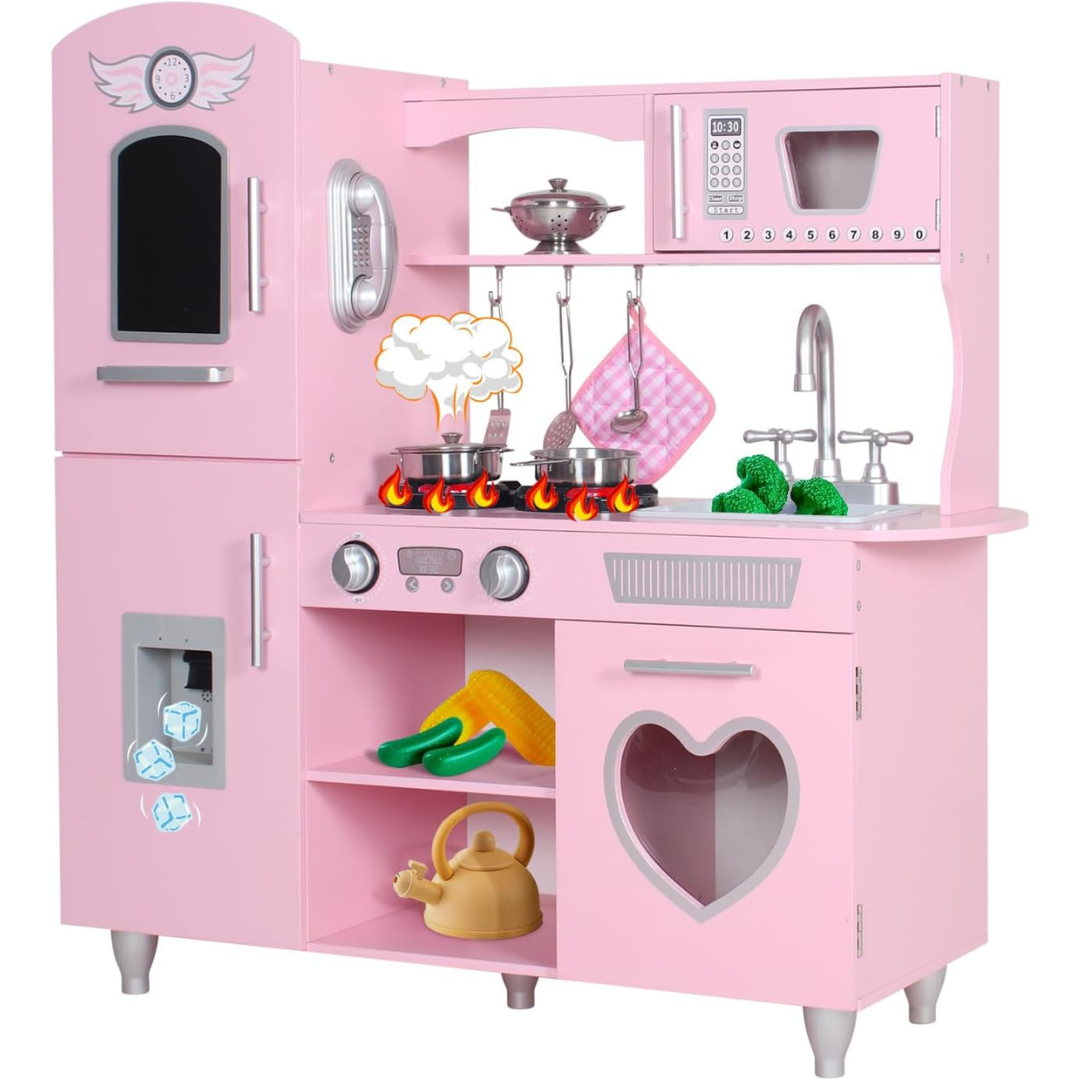 TaoHFE Kids Pink Wooden Play Kitchen Set