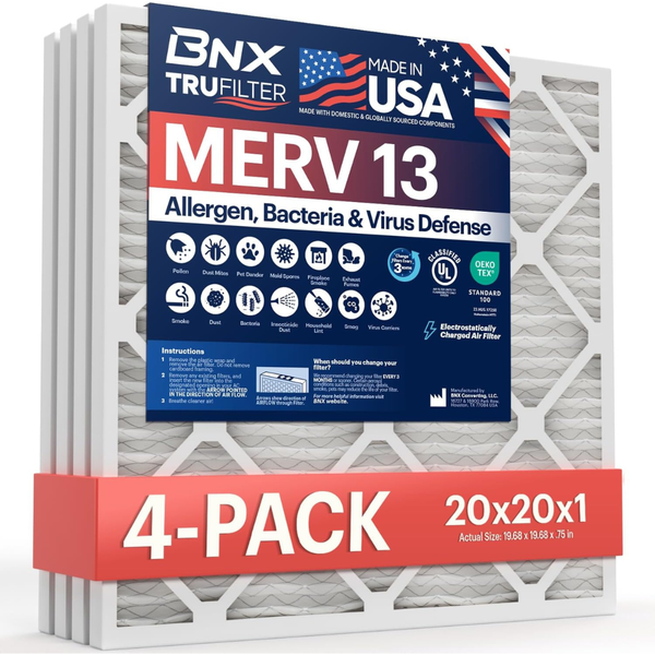 4-Pack BNX TruFilter 20x20x1 MERV 13 AC Furnace Air Filter