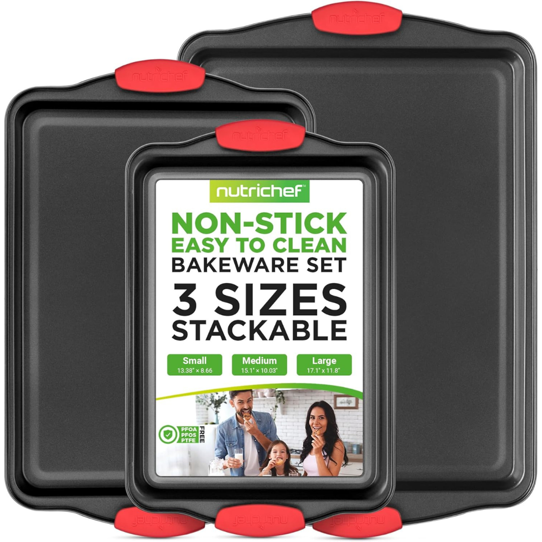3-Piece Non-Stick Oven Baking Pans With Red Silicone Handles