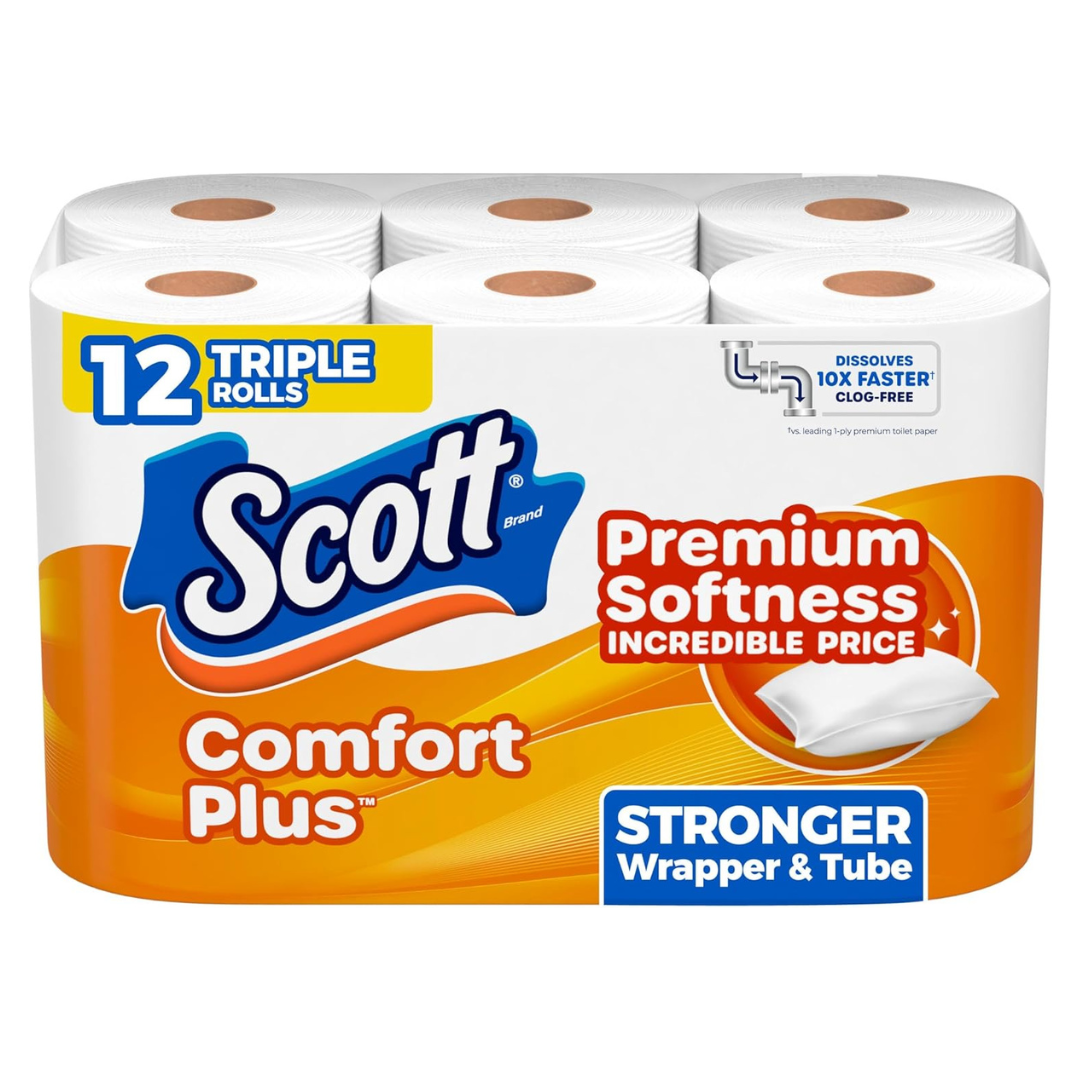 12 Triple Rolls Scott Comfort Plus 1-Ply Toilet Paper