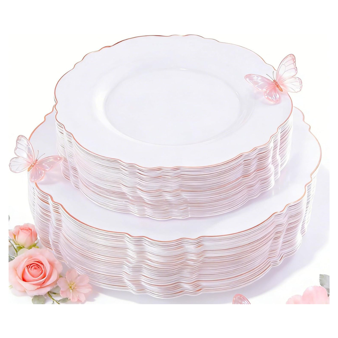 100-Pieces WDF Rose Gold Plastic Plates-Baroque Disposable Plates