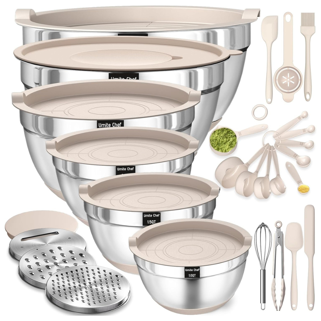 26-Piece Umite Chef Stainless Steel Mixing Bowls Set W/ Airtight Lids