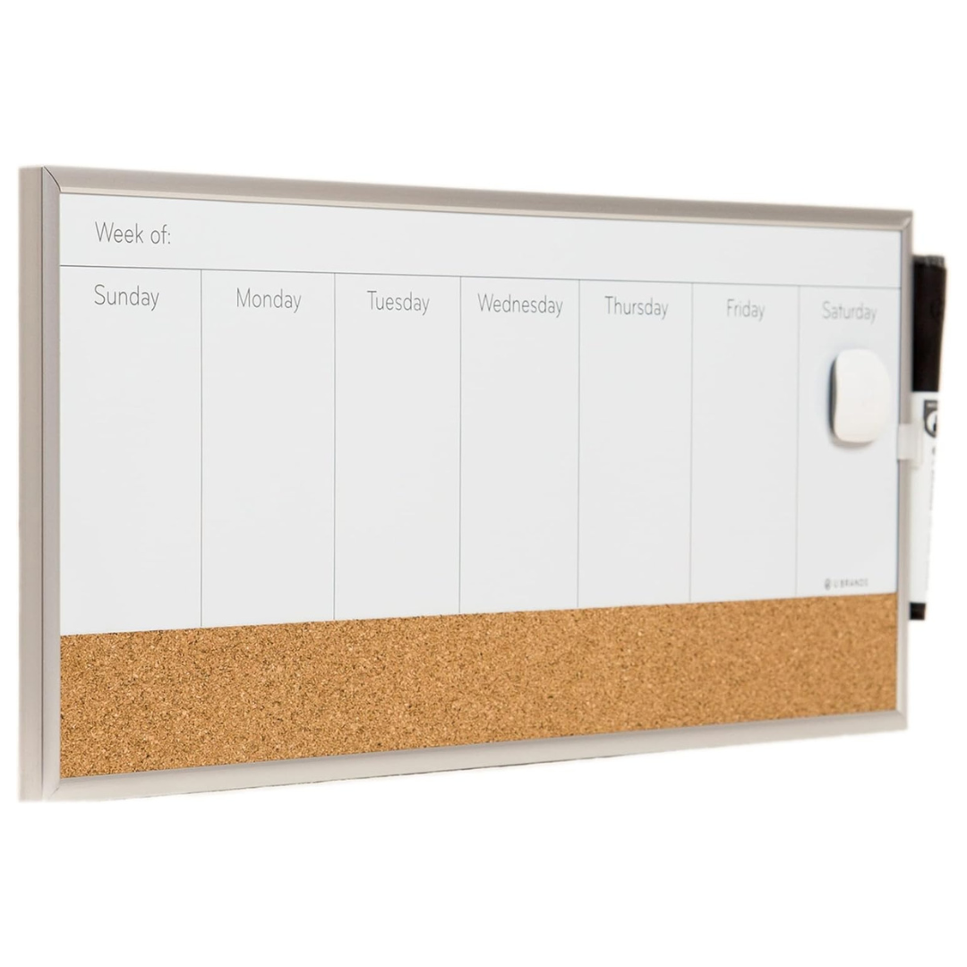 U Brands 18 x 7.5 Magnetic Dry Erase Weekly Calendar White Board W/ Cork Strip