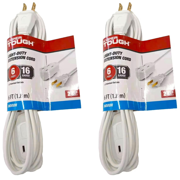 2-Pack Hyper Tough 6FT 16AWG Indoor Household Extension Cord
