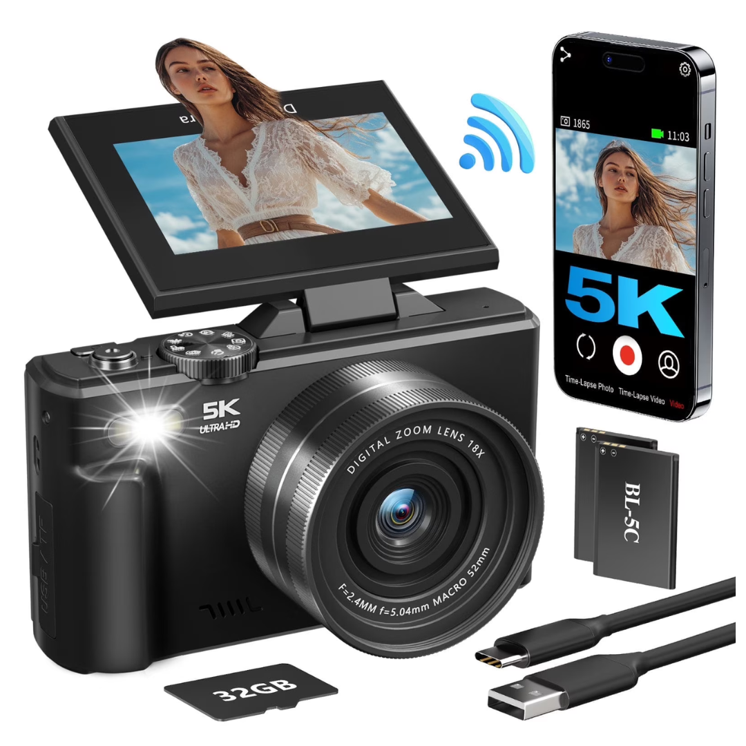 3" 180º Flip Screen 5K 75MP Digital Camera With Wifi