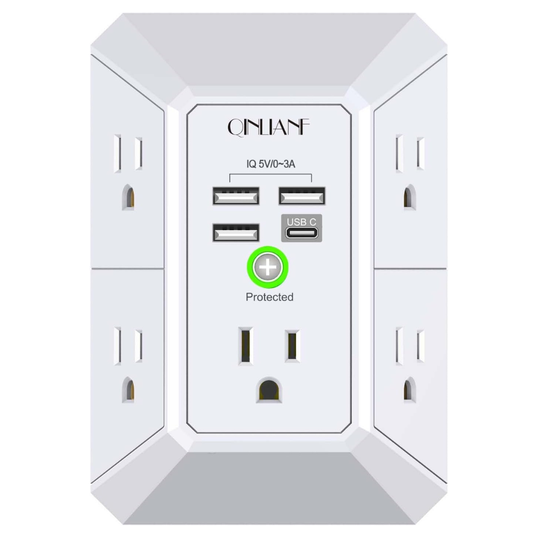 Qinlianf 3-Sided 5-Outlet 1680J Surge Protector W/ 4 USB Charging Ports (3U1C)