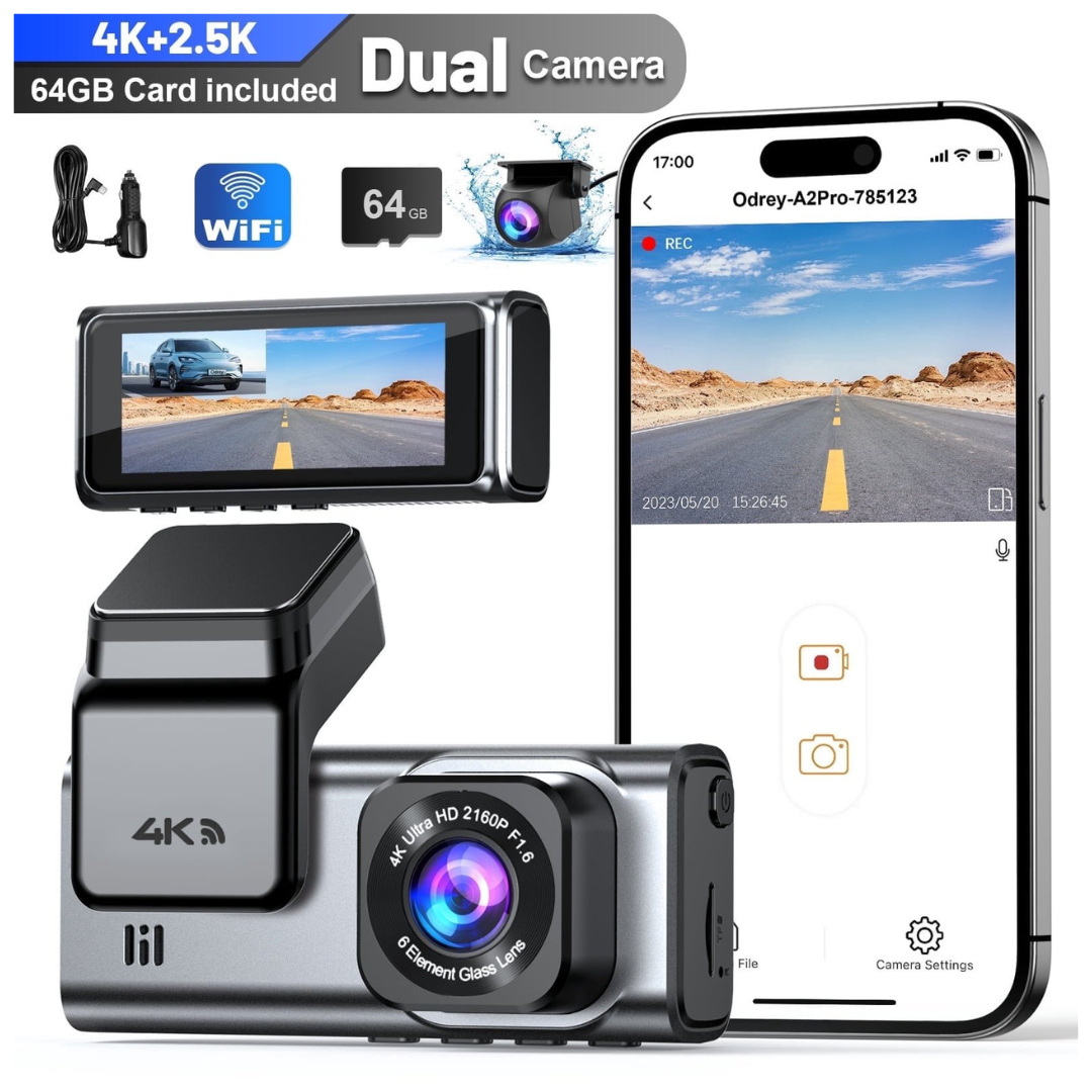 Odrey 4K+2.5K 5G WiFi & WDR Front & Rear Dash Camera W/ 64GB Card