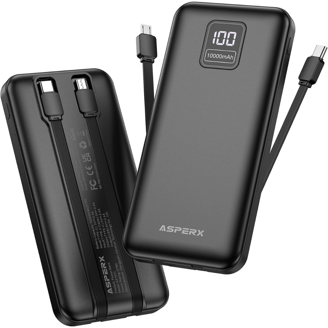 2-Pack AsperX 10000mAh USB-C Charger W/ Integrated Cables