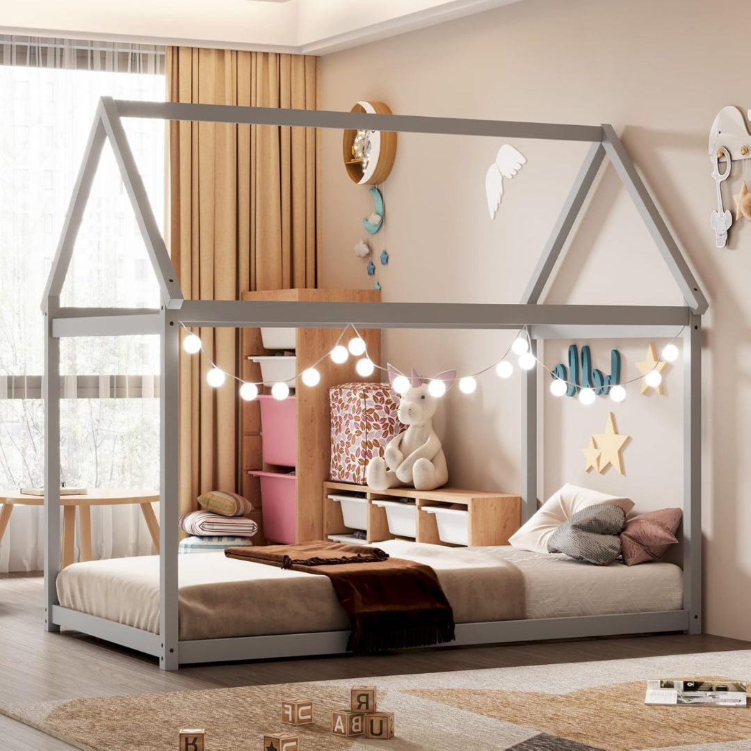 Giantex Wood Montessori Twin House Bed W/ House Roof Canopy