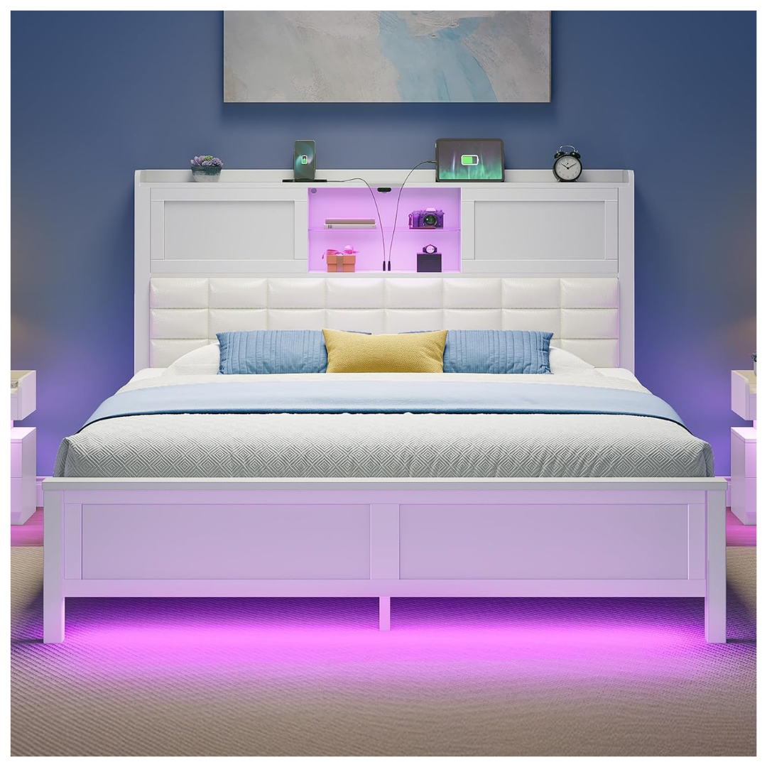 Rolanstar Full Size Bed Frame With Charging Station, Bookcase Headboard Bed