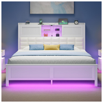 Rolanstar Full Size Bed Frame With Charging Station, Bookcase Headboard Bed