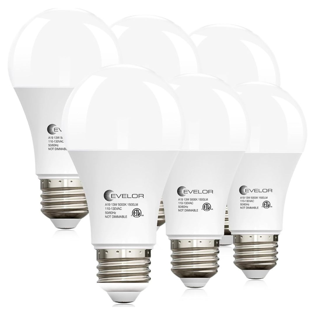 6-Pack Evelor 13W (100W Equiv) A19 LED Light Bulbs (5000K Or 2700K)