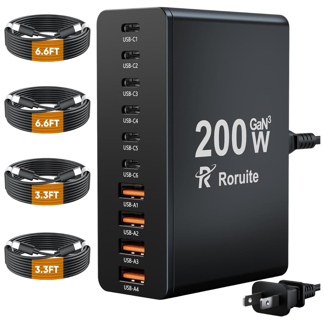 10-Port Roruite 200W USB-C Charger Block W/ 4 Cables