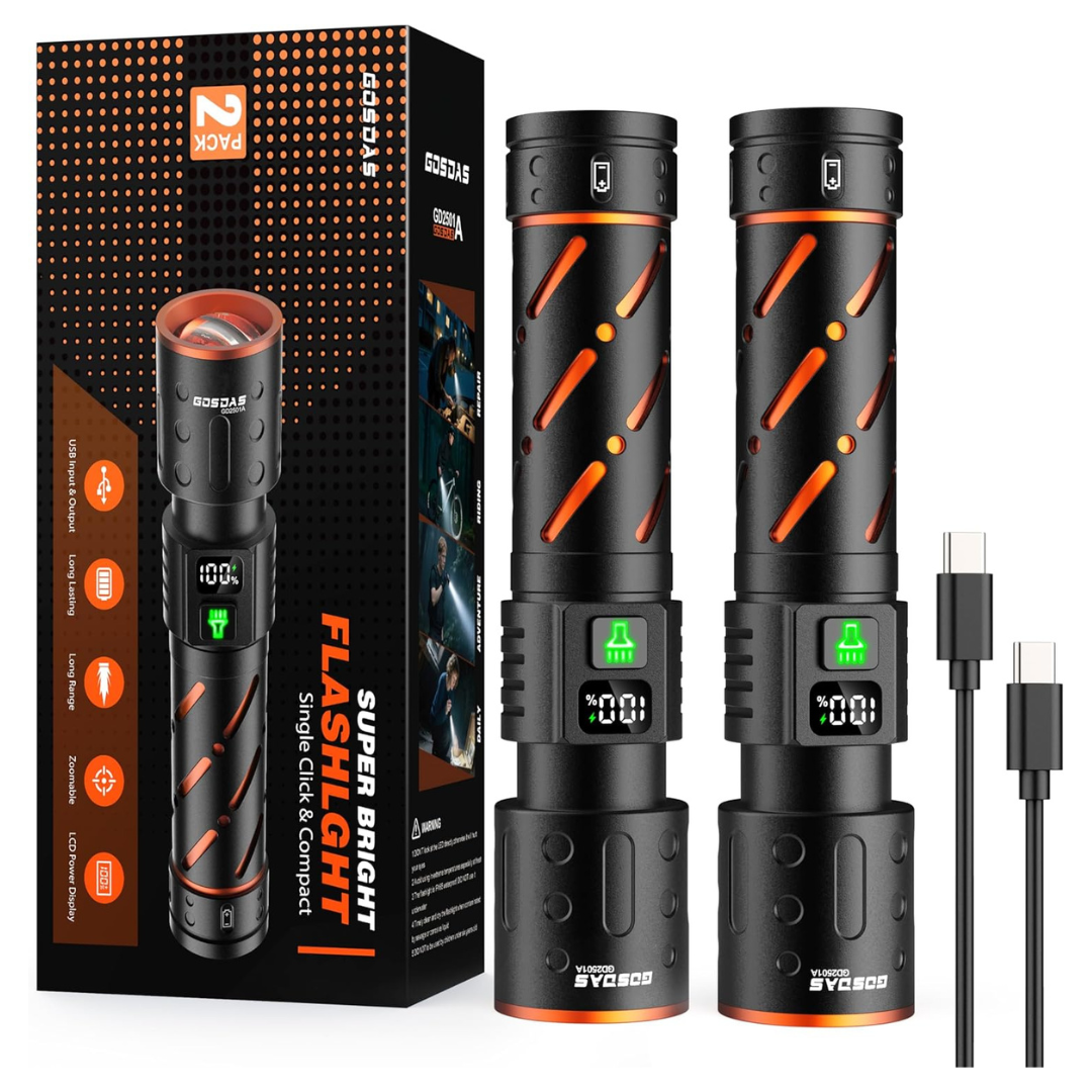 2-Pack 30W 100000-Lumens Rechargeable Flashlights W/ 3-Modes