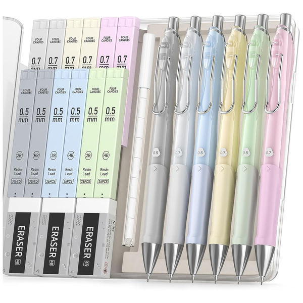6-Piece Four Candies Pastel Mechanical Pencil Set W/ Refills, Erasers & Case