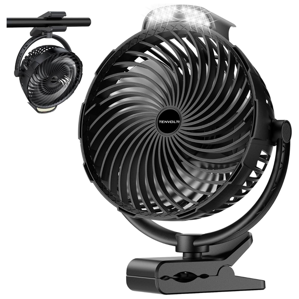 Tenvolti 8" 10000mAh 360 Deg. Clip-On Rechargeable Fan W/ LED Light