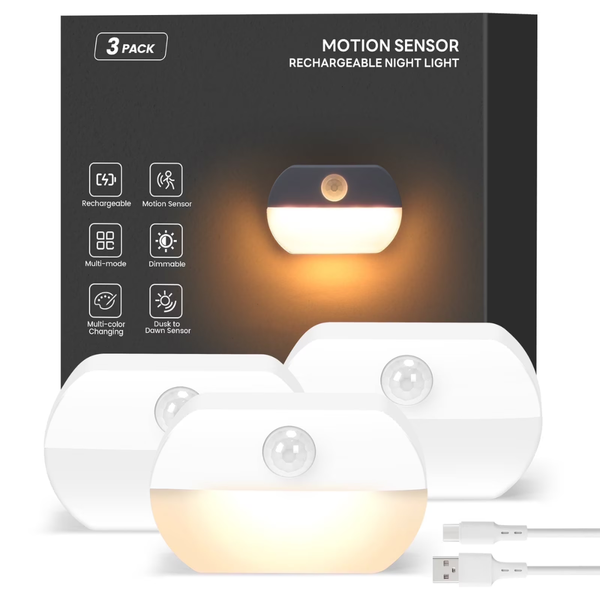3-Pack 700mAh Rechargeable Motion Detectors LED Night Lights