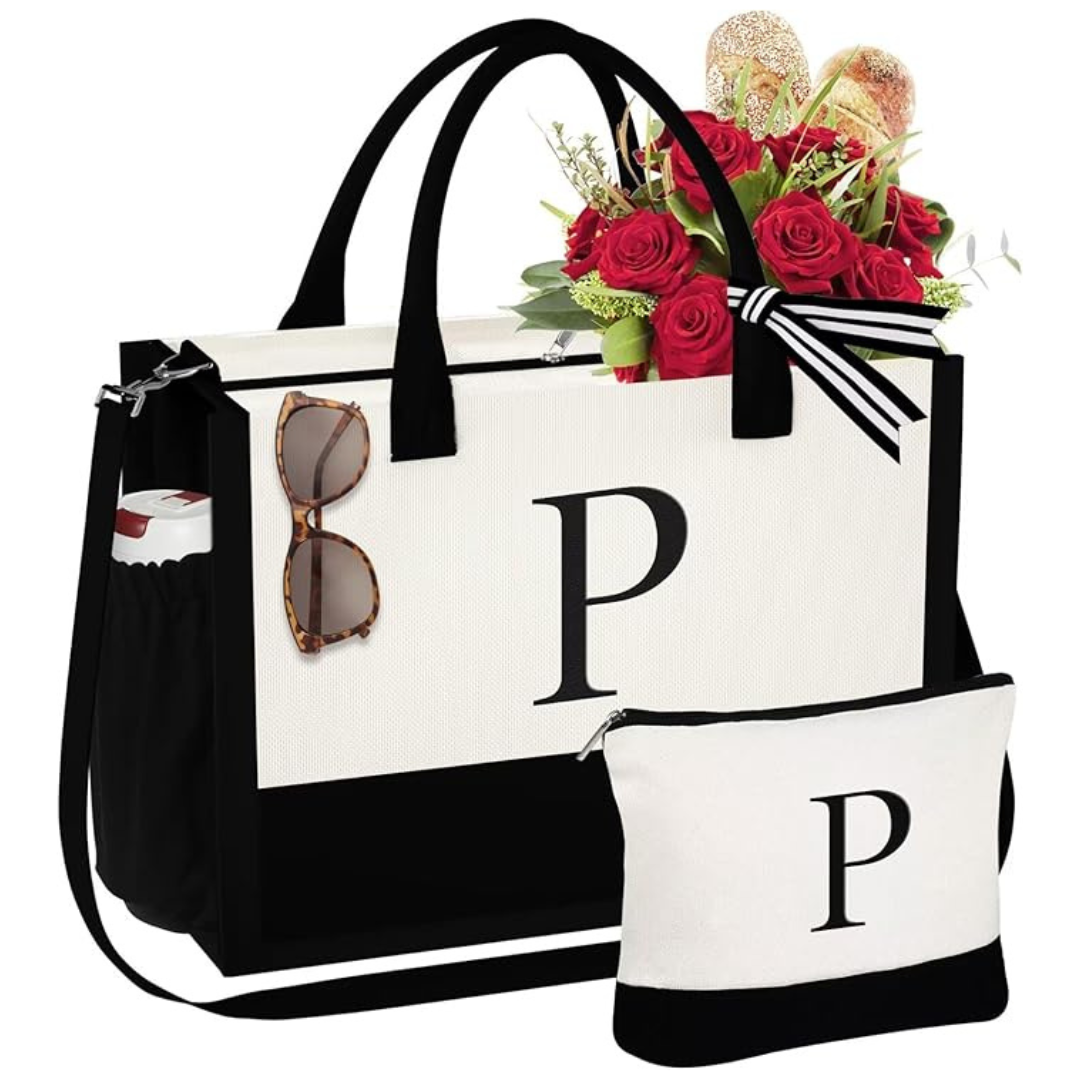 Women's Initial Canvas Tote Bag & Makeup Bag Set