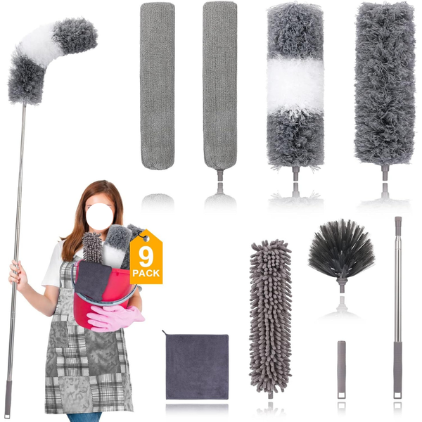 9-Piece Reusable Microfiber Extendable Feather Duster (30" To 100")