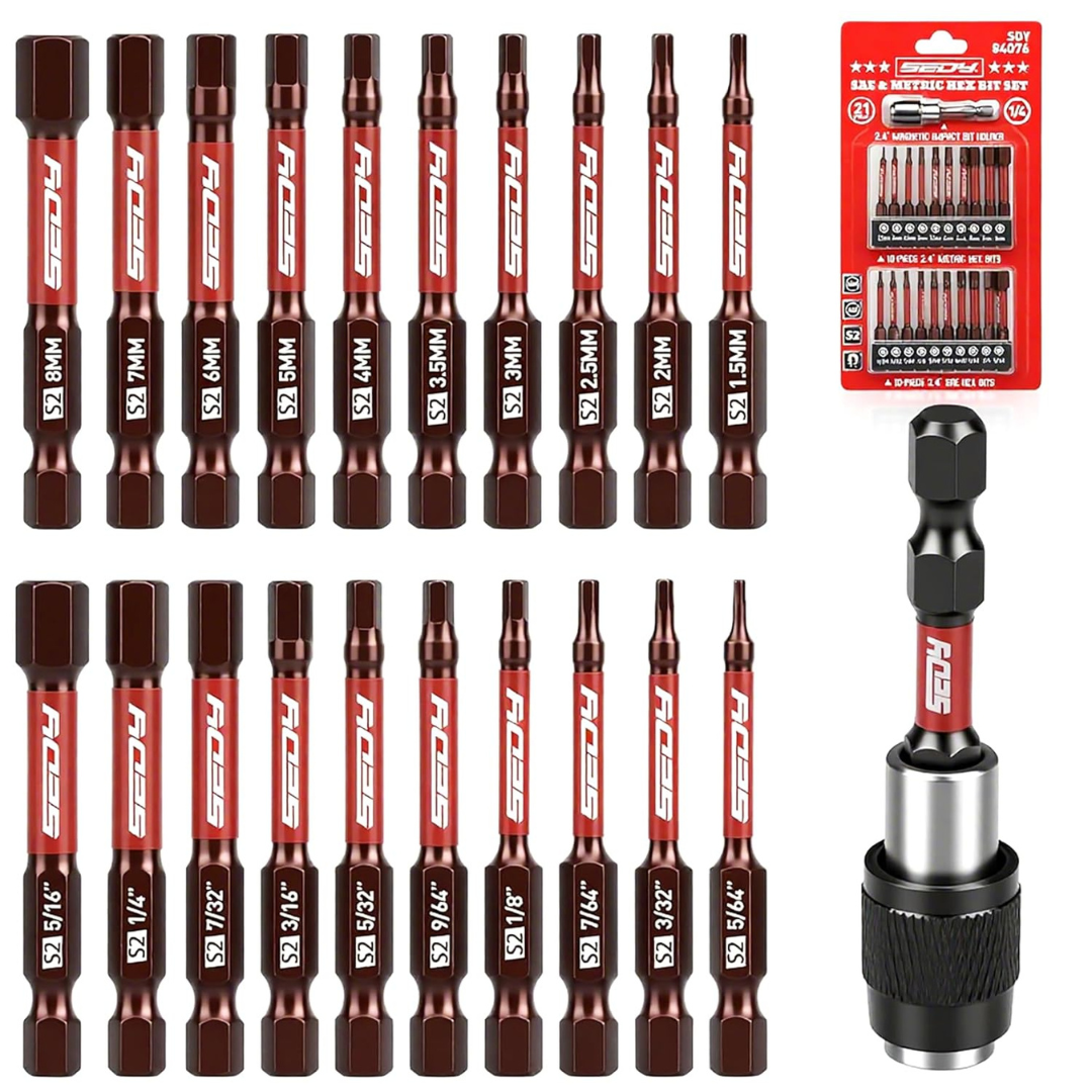 21-Piece 2.5" Hex Head Allen Wrench Drill Bit Set