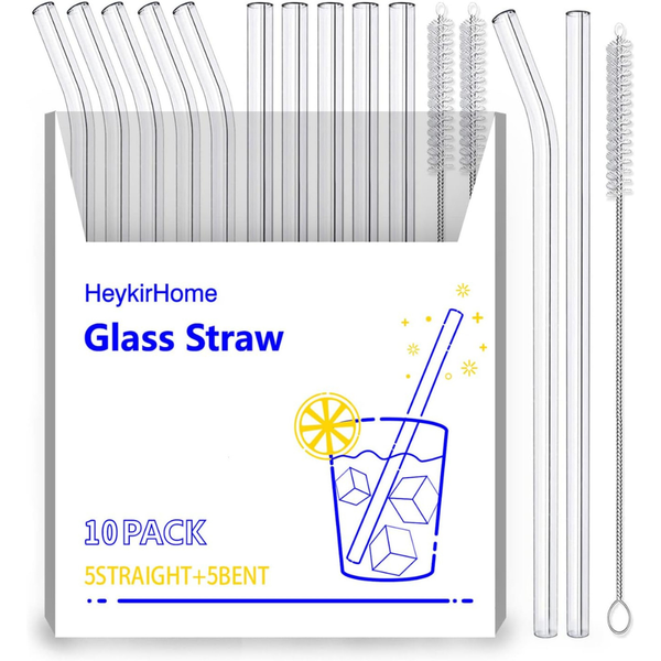 10-Pack Reusable Glass Straws Set With 2 Cleaning Brushes (8.5" X 10mm)