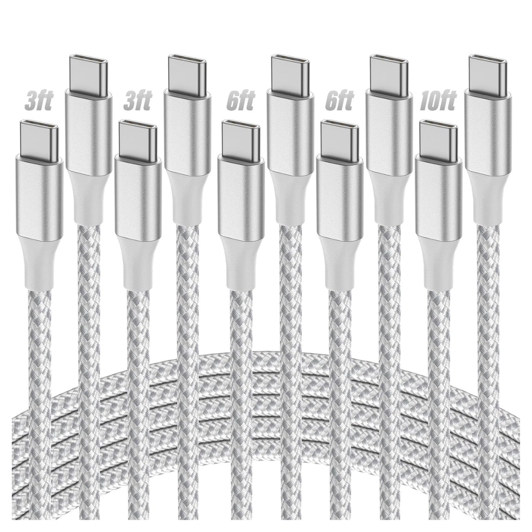 5-Pack USB-C To USB-C Nylon Braided Charging Cables (3/3/6/6/10FT)