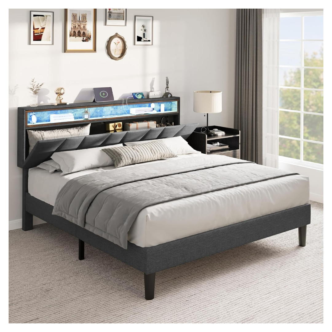 Queen Upholstered Platform Bed Frame With Storage Headboard