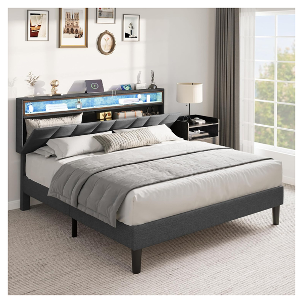 Queen Upholstered Platform Bed Frame With Storage Headboard