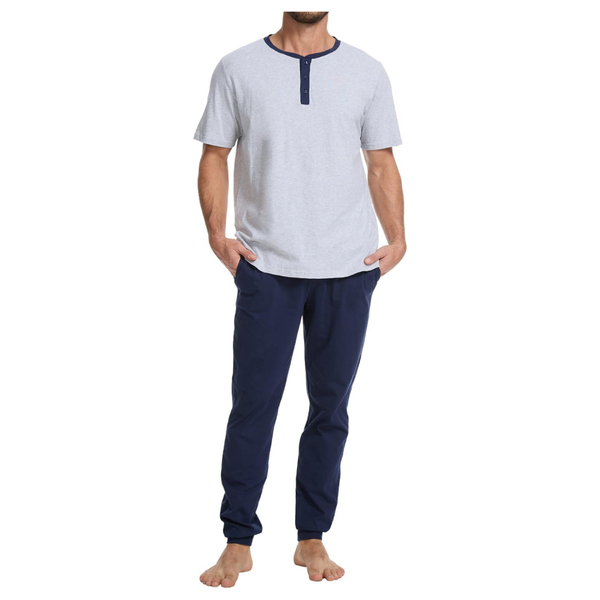 2-Piece Men's Cotton Pajama Set With Henley Neckline (Various)