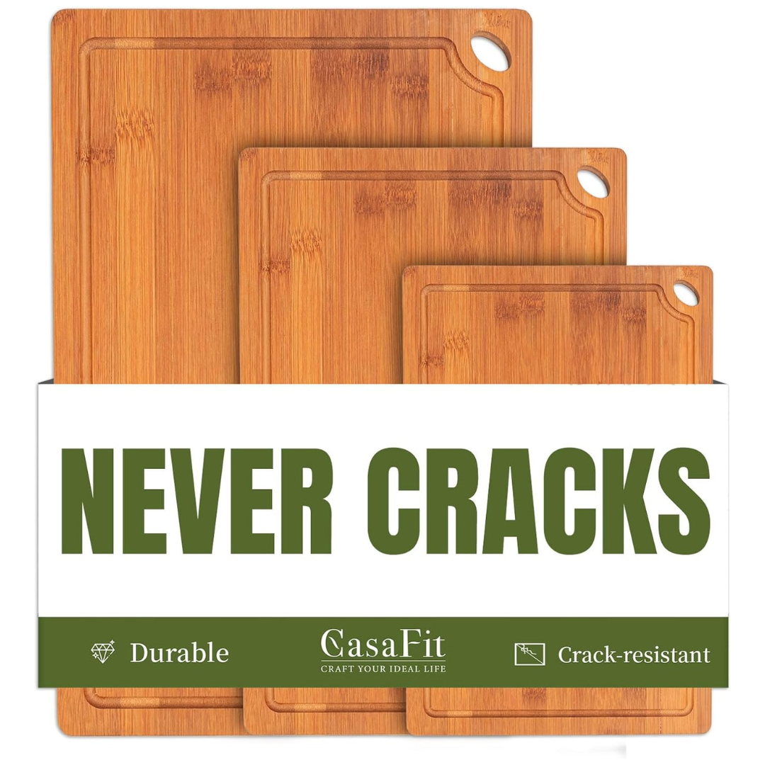 3-Piece Organic Bamboo Cutting Kitchen Board Set (Brown)